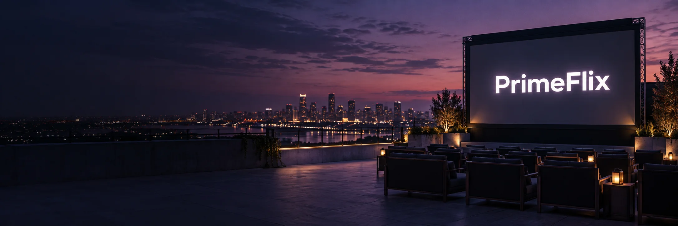 PrimeFlix name on an outdoor cinema screen above a city at dusk
